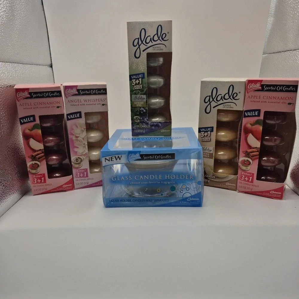 Glade Scented Oil Glass Holder & Lot Of 5 Oil Candle Refills